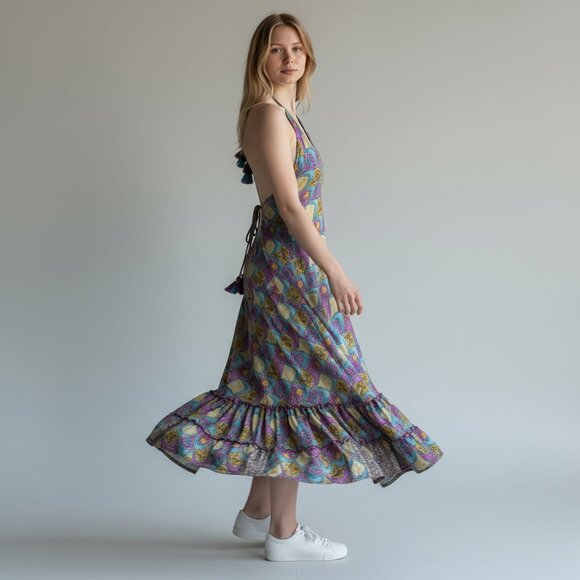 Like new! Free People Silk Boho Halter Maxi Dress – Open Back Tassel Ties Size S - Picture 3 of 12